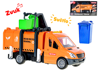 Auto popelářské 27cm na setrvačník na baterie se světlem a zvukem + 2ks popelnice v krabičce