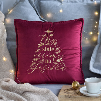 Vyšívaný sametový polštář - Věříme na Ježíška bez výplně výplň