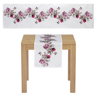 Běhoun s motivem růží, barva bílá, 40x150 cm,100 % polyester.