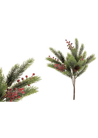Větvička s jehličím a bobulemi, ojíněná. Květina umělá plastová.