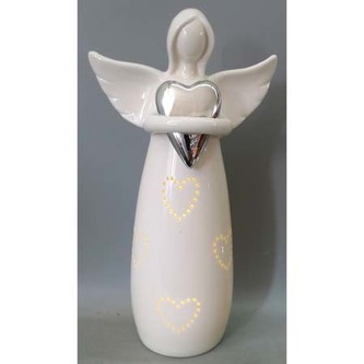 Anděl porcelánový, se stříbrným srdcem, s LED světlem.