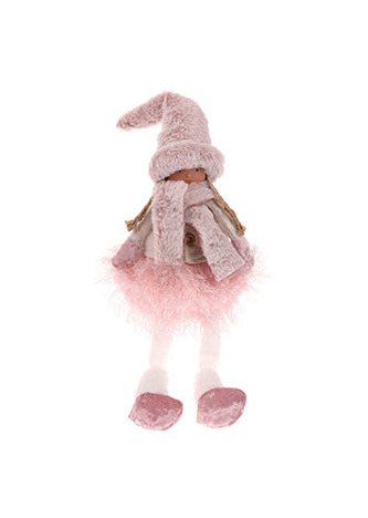 Děvčátko v růžovém kabátě a sukni, sedící.