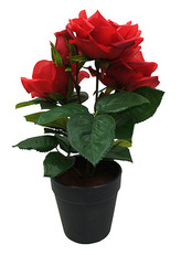 Růže v plastovém květináči, barva červená. Květina umělá.