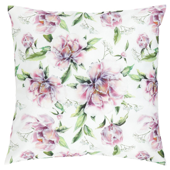 Polštář s výplní, samet. Motiv pivoňky. 45x45 cm. Bílý.
