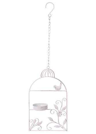 Krmítko pro ptáčky, tvar ptačí budky. Kovová zahradní dekorace na pověšení.