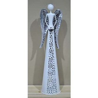 Anděl kovový, s LED svíčkou. Barva bílo-stříbrná.