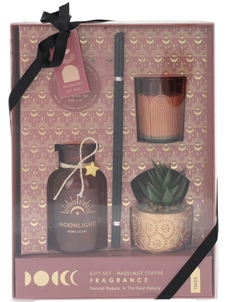 Sada vůní - vonný difuzér, svíčka a sukulent v květináči, vůně Hazelnut coffee