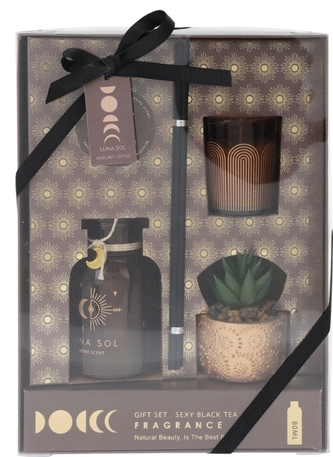Sada vůní - vonný difuzér, svíčka a sukulent v květináči, vůně Sexy black tea