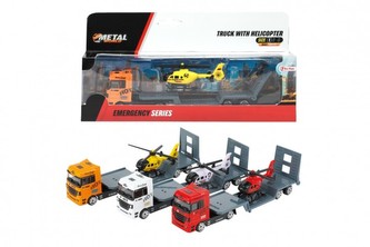 Auto/kamion podvalník + helikoptéra plast 18cm na volný chod 3 barvy v krabičce 24x12,5x5cm