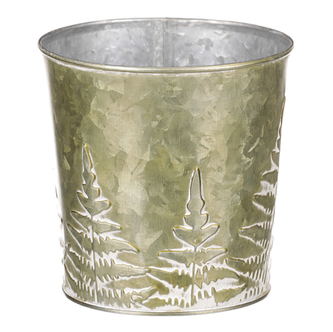 Obal z kovu na květiny, v  zelené barvě s kapradím.