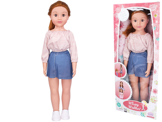 Panenka chodící 70cm zrzka s riflovou sukní v krabičce