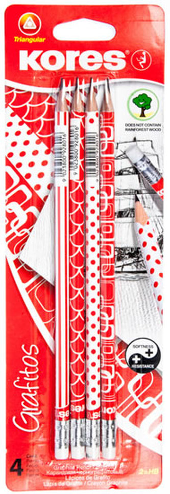 Kores Trojhranná tužka Červeno/bílá edice č. 2 = HB s gumou 4 ks