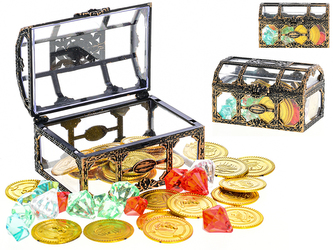 Truhla 10,5x7cm s pokladem 30ks zlatých mincí a 30ks diamantů v sáčku