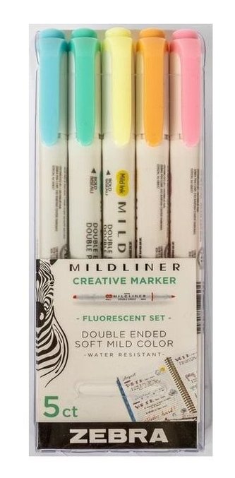 Sada zvýrazňovačů "Mildliner Fluorescent", 5 barev, 1,0 / 3,5 mm, oboustranný, ZEBRA 8105