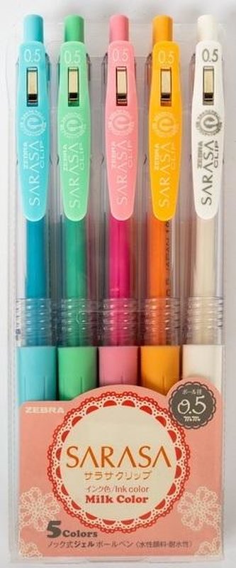 Sada gelových per "Sarasa Clip Milk", 5 pastelových barev, 0,33 mm, stiskací, ZEBRA 17270