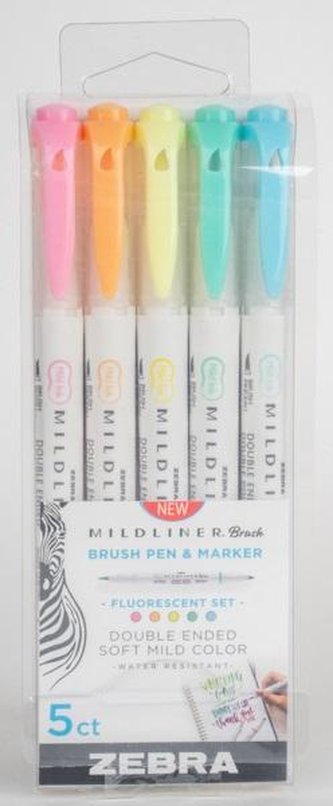 Štětcové fixy "Mildliner Fluorescent", 5 barev, oboustranný, ZEBRA