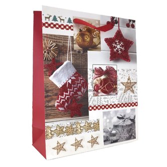 Dárková vánoční taška motiv dekorace s červenými třpytkami 25,5x31x10cm