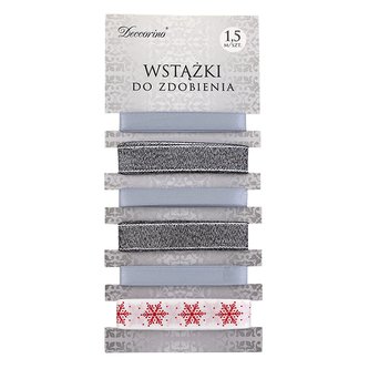 Sada stříbrných dekoračních vánočních stuh 1,5m 6ks