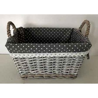Košík,  proutěná dekorace s látkou.