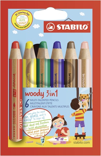 Barevné pastelky "Woody", 6 barev, maxi, 3v1 – pastelky, vodovka, voskovka, STABILO