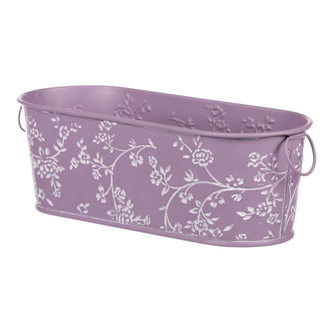 Obal kovový - truhlík, ve světle fialové barvě s bílými růžemi.