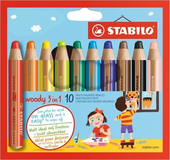 Barevné pastelky "Woody", 10ks, 3v1 – pastelka, vodovka, voskovka,  STABILO