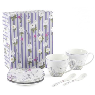 HOME ELEMENTS Sada dvou šálků 250 ml, s podšálky a lžičkami, Levandule HOME ELEMENTS Sada dvou šálků 250 ml, s podšálky a lžičkami, Levandule