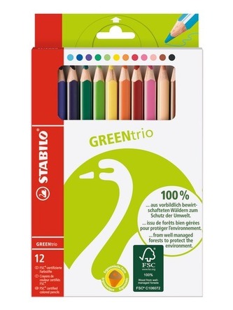 Pastelky "Green Trio", 12 různých barev, sada, trojúhelníkový tvar, silné, STABILO