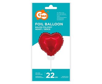 Balon foliowy Serce czerwone patyczek, zawór 28cm