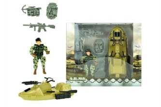 Vojenská sada člun+voják s doplňky plast v krabici 23x20x7cm