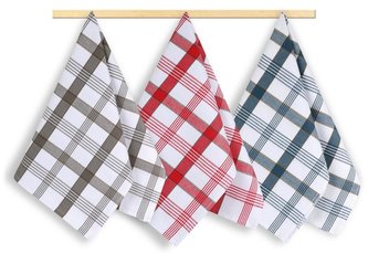Kuchyňské utěrky - sada 3 kusů - kostka červená, modrá, šedá - 50x70 cm