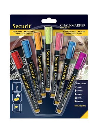 Křídový popisovač Securit SMA100 šířka hrotu 1-2mm, Assorted Primary, 7ks, blistr