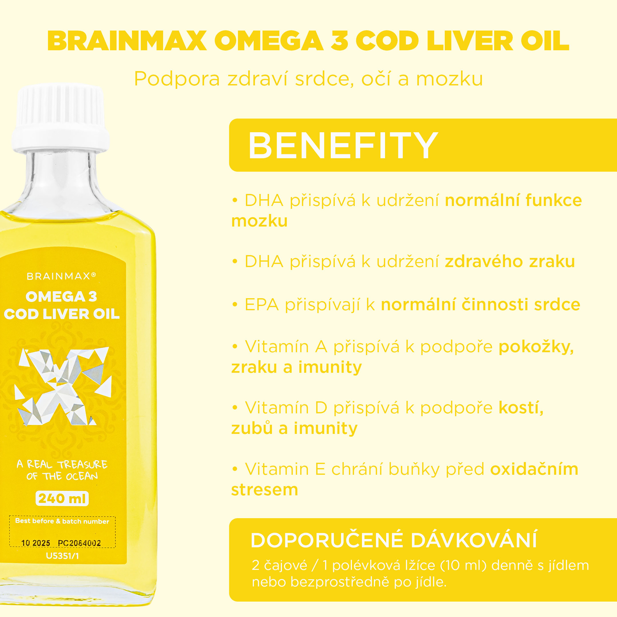 BrainMax Omega 3, Olej z tresčích jater, citrón, 240 ml Megaknihy.cz
