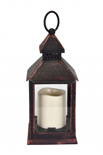 Dekorativní lucerna černá měděná patina s LED svíčkou 23,5x10x10 cm