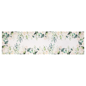 Běhoun s motivem bílých hortenzií a růží,  40x150 cm,100 % polyester.