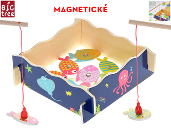 Big Tree rybář dřevěná hra 18x18cm se 2ks udiček a 9ks rybiček na magnet 24m+ v krabičce