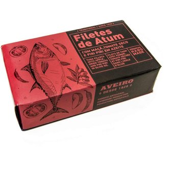 Tuňákové filety v olivovém oleji s jablkem, sušeným rajčetem a piri piri papričkou - Aveiro - sušené jablko, rajče a piri piri - 25 x 120 g Tuňákové filety v olivovém oleji s jablkem, sušeným rajčetem a piri piri papričkou - Aveiro - sušené jablko, rajče a piri piri - 25 x 120 g