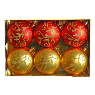 Vánoční koule - PP 80 mm / červeno zlaté - ploché, sada 6ks