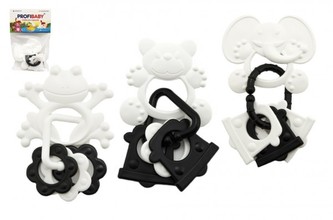 Kousátko zvířátka +  2 přívěsky plast černobílé 9cm v sáčku 0m+