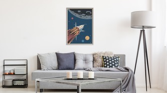 Obraz v rámu Vesmírná Raketa A Planety V Retro Stylu různé rozměry hliníkový rám černá