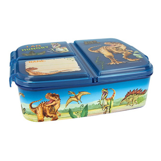 Svačinový box Dino World, Modrý, s dinosaury, 3 oddělené přihrádky