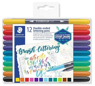Štětcové fixy "Brush letter Duo", sada, 12 barev, 0,5-0,8/1,0-6,0 mm, oboustranné, STAEDTLER 3004 TB