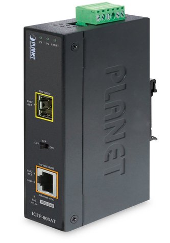 Planet IGTP-805AT konvertor 1x 100/1000Base-T,1x SFP 100/1000-X, PoE 802.3at, -40až75st, IP30, EFT+ESD, 12-48VDC