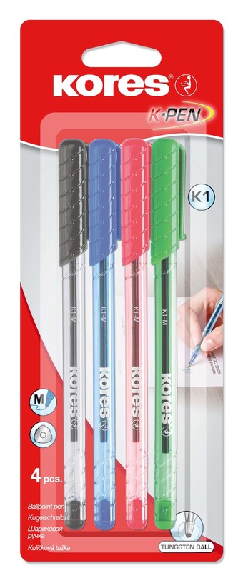 K1 Pen, transparentní, trojhranné, šíře M-1 mm, mix 4 barev (modrá, černá, červená, zelená)