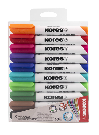 K-MARKER, Popisovač na bílé tabule, zkosený hrot 3-5 mm, mix 10 barev (černá, červená, zelená, modrá, růžová, tyrkysová, oranžová, hnědá, fialová, světle zelená)