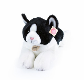 plyšová kočka ležící černo-bílá, 35 cm