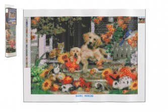 Diamantový obrázek Domácí mazlíčci před domem  40x30cm s doplňky v blistru 7x33x3cm