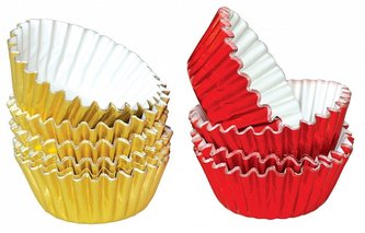košíček d30x15mm pralinky, ZLATO/ĆERV., 50ks, hliníkový