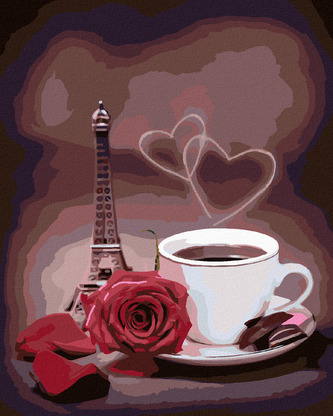 Malování podle čísel - KÁVA, RŮŽE A MALÁ EIFFELOVA VĚŽ - 40x50 cm, vypnuté plátno na rám