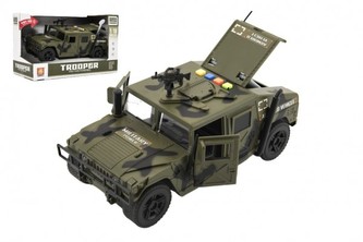 Auto vojenské plast 24cm na setrvačník na baterie se světlem a zvukem v krabici 28,5x17,5x13cm